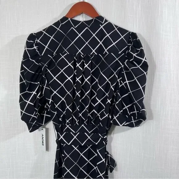 DKNY NWT Button Front Puff Sleeve Belted Midi Dress Size 8 - Picture 14 of 16